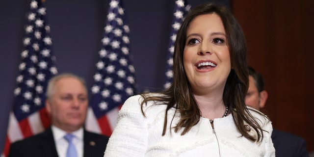 WASHINGTON, DC - MAY 14: U.S. Rep. Elise Stefanik (R-NY) (R) speaks to members of the press. (Photo by Alex Wong/Getty Images)