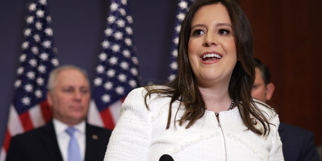 WASHINGTON, DC - MAY 14: U.S. Rep. Elise Stefanik (R-NY) (R) speaks to members of the press. (Photo by Alex Wong/Getty Images)