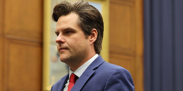 WASHINGTON, DC - MAY 14: Rep. Matt Gaetz (R-FL) walks out of the committee room during a hearing with the House Armed Services Subcommittee on Cyber, Innovative Technologies, and Information System in the Rayburn House Office Building on May 14, 2021 in Washington, DC. (Photo by Anna Moneymaker/Getty Images)