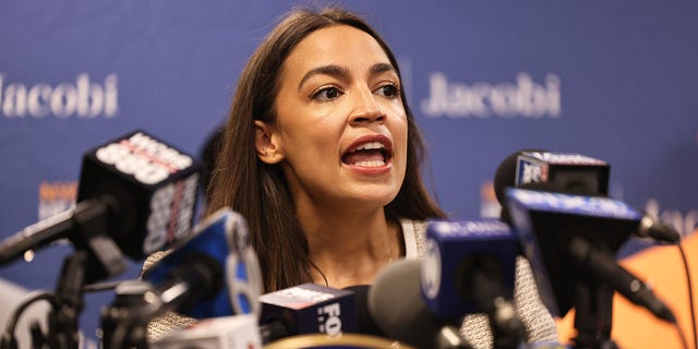 Rep. Alexandria Ocasio-Cortez (D-NY) speaks during a press conference at Jacobi Hospital in Morris Park