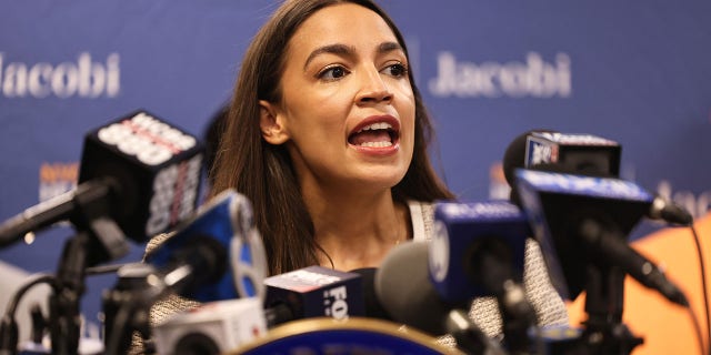 Rep. Alexandria Ocasio-Cortez (D-NY) speaks during a press conference at Jacobi Hospital in Morris Park