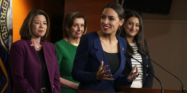 WASHINGTON, DC - JUNE 16: U.S. Rep. Alexandria Ocasio-Cortez (D-NY) (3rd L) speaks as (L-R) Rep. Angie Craig (D-MN), Speaker of the House Rep. Nancy Pelosi (D-CA) and Rep. Sara Jacobs (D-CA) listen during a news conference at the U.S. Capitol June 16, 2021 in Washington, DC. Speaker Pelosi held a news conference to announce members of the newly established Select Committee on Economic Disparity and Fairness in Growth. (Photo by Alex Wong/Getty Images)