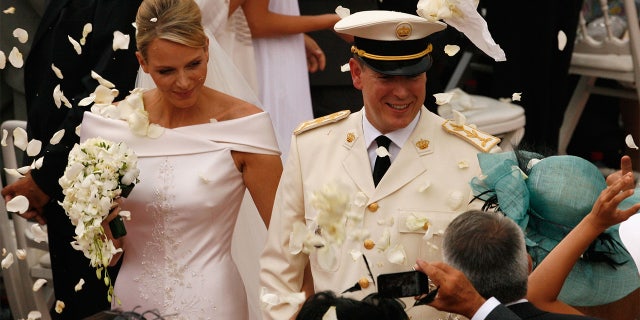 Princess Charlene of Monaco and Prince Albert II of Monaco leave the religious ceremony of the Royal Wedding of Prince Albert II of Monaco to Princess Charlene of Monaco at the Prince's Palace on July 2, 2011, in Monaco.