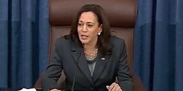 Vice President Kamala Harris presides over the Senate Tuesday June 22 as Republicans blocked Democrats' signature voting reform legislation.