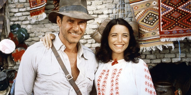 Harrison Ford and actress Karen Allen on the set of 'Raiders of the Lost Ark.'