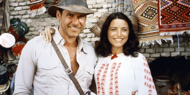 Harrison Ford and actress Karen Allen on the set of 'Raiders of the Lost Ark.'