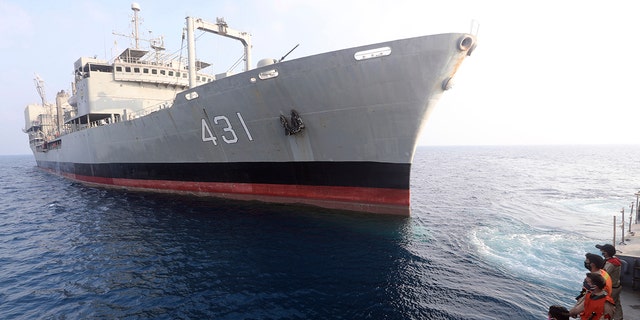 This undated photo provided by the Iranian army shows navy's support ship Kharg. Kharg, the largest warship in the Iranian navy caught fire and later sank Wednesday, June 2, 2021 in the Gulf of Oman under unclear circumstances, semiofficial news agencies reported. (Iranian army via AP)