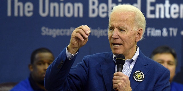 LAS VEGAS, NEVADA - FEBRUARY 21:  Then Democratic presidential candidate Joe Biden speaks before a training session for precinct captains at the International Alliance of Theatrical Stage Employees on February 21, 2020 in Las Vegas, Nevada. Biden's close ties with unions are now under scrutiny by Republicans.  (Photo by Ethan Miller/Getty Images)