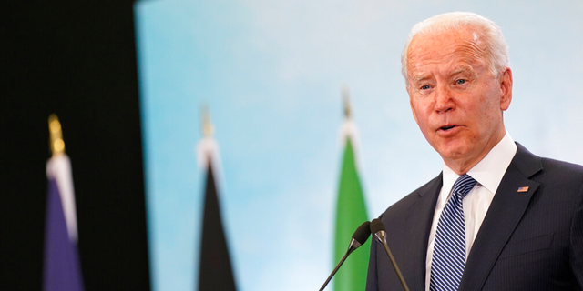 President Joe Biden speaks during a news conference after attending the G-7 summit, Sunday, June 13, 2021, at Cornwall Airport in Newquay, England.