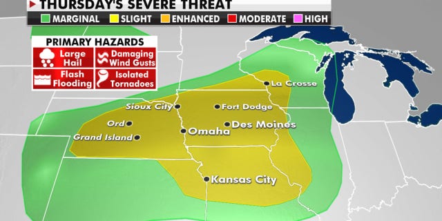 The severe weather will shift and grow on Thursday to include portions of Nebraska, Iowa, Missouri, Wisconsin and Illinois.