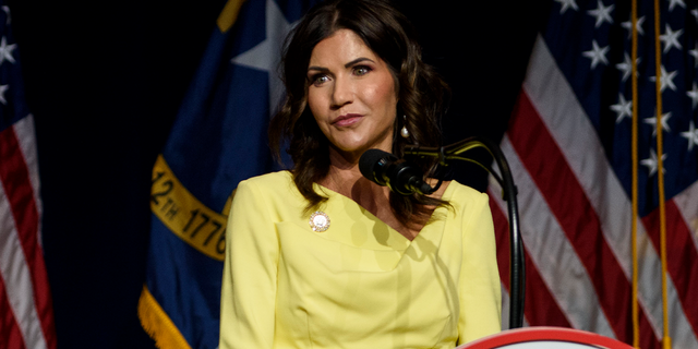 South Dakota Gov. Kristi Noem speaks to attendees at the North Carolina GOP convention on June 5, 2021 in Greenville, North Carolina.
