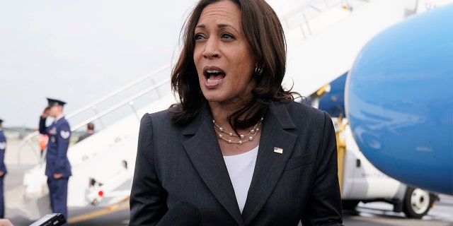 Vice President Kamala Harris speaks to members of the media before boarding Air Force Two, Friday, June 18, 2021, to depart Atlanta and return to Washington. (AP Photo/Jacquelyn Martin)