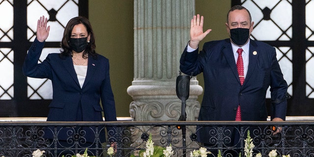 Vice President Kamala Harris and Guatemalan President Alejandro Giammattei are seen at the National Palace in Guatemala City, June 7, 2021.