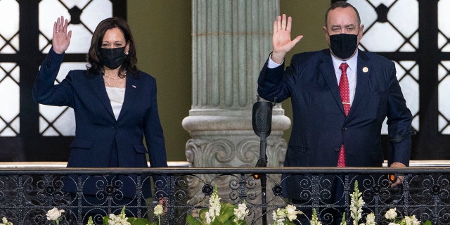 Vice President Kamala Harris and Guatemalan President Alejandro Giammattei are seen at the National Palace in Guatemala City, June 7, 2021.