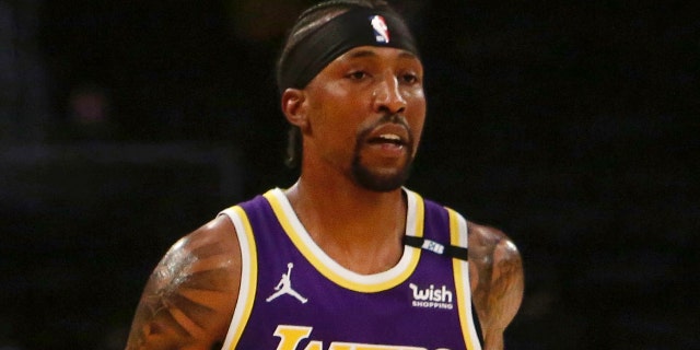 Kentavious Caldwell-Pope #1 of the Los Angeles Lakers looks on during the game against the New York Knicks on May 11, 2021 at STAPLES Center in Los Angeles, California. (Photo by Jim Poorten/NBAE via Getty Images)