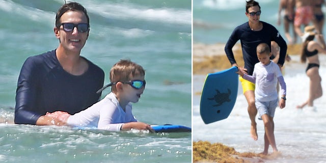 Kushner wore a navy long-sleeved bodyboarding shirt and bright yellow bathing suit bottoms as he hits the waves with his two young sons -- Theodore James, 5, and Joseph Frederick, 7.