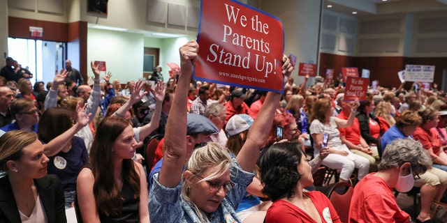 Parents protest critical race theory at a recent school board meeting in Loudoun County, Virginia.