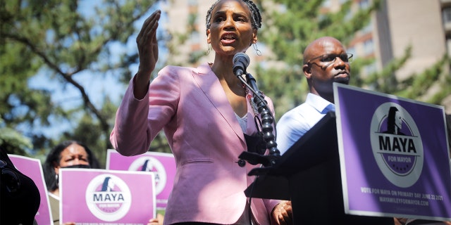 Democratic candidate for New York City Mayor Maya Wiley speaks during campaign with US Rep. Jamaal Bowman, D-NY, next to the Co-op City residential complex in the Bronx borough of New York City, June 7, 2021. (REUTERS / Mike Segar)
