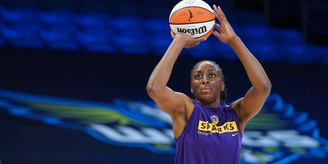 Nneka Ogwumike of the Los Angeles Sparks warms up prior to a game against the Dallas Wings June 1, 2021, at College Park Center in Arlington, Texas.