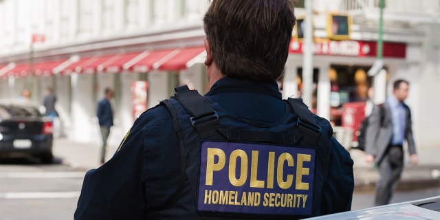 The back of a Homeland Security officer's vest in Lower Manhattan.