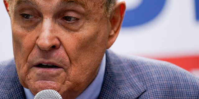 FILE - In this June 21, 2021, file photo former New York City Mayor Rudy Giuliani speaks during a campaign event for Republican mayoral candidate Curtis Sliwa in New York. (AP Photo/Mary Altaffer, File)