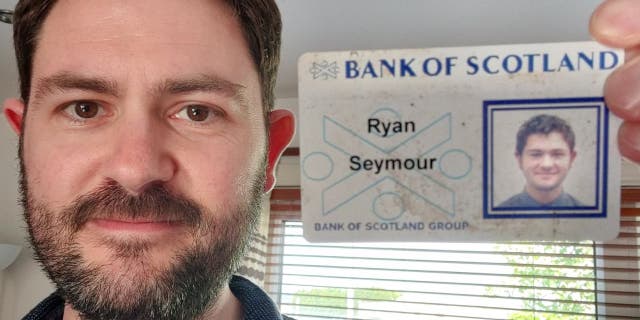 Ryan Seymour, 37, poses beside his younger self with his old Bank of Scotland ID card. The card was lost 20 years ago when Seymour's wallet was stolen in a pub bathroom. (Ryan Seymour)