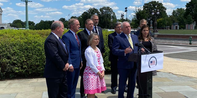Reps. Steve Scalise, R-La., Elise Stefanik, R-N.Y., and members of the GOP Doctors Caucus speak about the origin of the coronavirus Tuesday, June 24, 2021 at the House Triangle on Capitol Hill in Washington, D.C. "China lied and Americans died," Stefanik said. (Tyler Olson/Fox News)