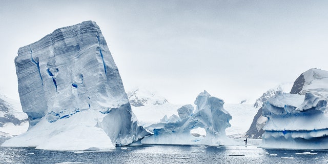 ANTARCTICA, FEBRUARY 2016: Stunning icebergs the size of small countries threaten to collapse, taken in February 2016, Antarctica. (Credit: Freedive Antarctica / Barcroft M / Barcroft Media via Getty Images)