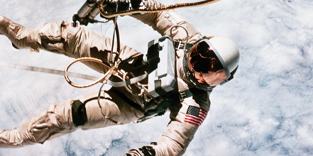 The first spacewalk in US history was made by astronaut Edward H. White during the Gemini 4 mission, on June 3, 1965. (Photo by Jim McDivitt/NASA/Roger Ressmeyer/Corbis/VCG via Getty Images)