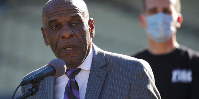 FILE: State Sen. Steven Bradford, D-Gardena, addresses a press conference at Dodger Stadium in Los Angeles.