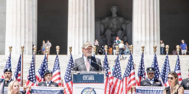 Tunnel to Towers Foundation CEO Frank Siller speaks on the steps of the Lincoln Memorial in Washington, D.C., on June 17, 2021. Tunnel to Towers announced a ceremony to commemorate fallen service members in the War on Terror, whose names will be read on Veteran's Day in the same location.