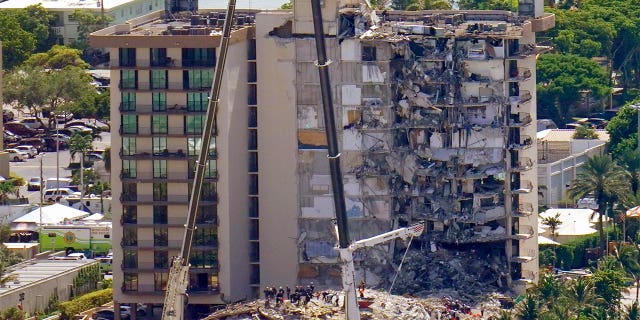 The partially collapsed Champlain Towers South condo building in Surfside, Fla., on Sunday.