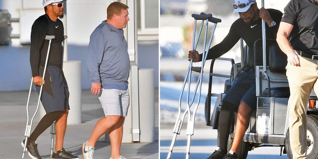 Woods was seen with a compression stocking around his right leg. (The Image Direct / BACKGRID USA)