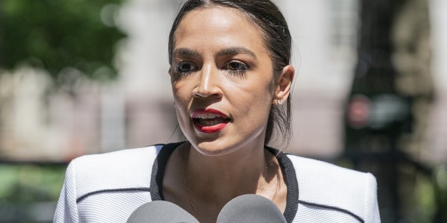 U. S. Representative Alexandria Ocasio-Cortez speaks at the rally where she endorsed progressive candidates in upcoming election for city wide offices in City Hall Park. 