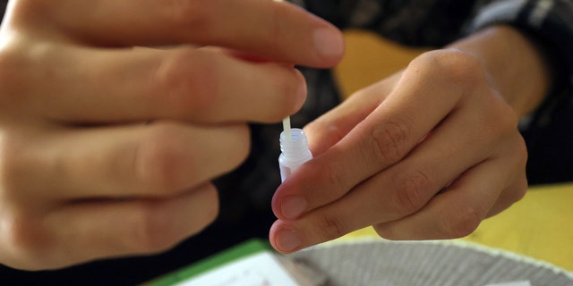 A young man mixes a swab with a liquid during a Corona rapid test.