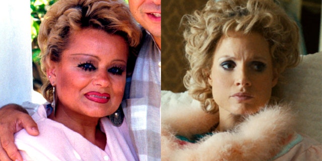 Tammy Faye Bakker (L) and Jessica Chastain (R) as Tammy.