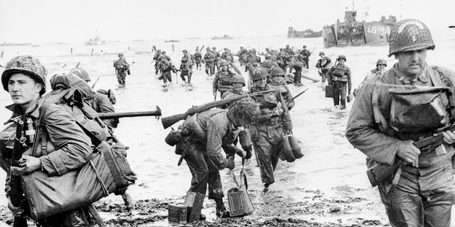 U.S. assault troops are seen landing on Omaha Beach during the invasion of Normandy on June 6, 1944.