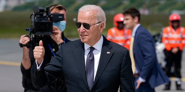 President Joe Biden boards Air Force One at Brussels Airport in Brussels, Tuesday, June 15, 2021. Biden is en route to Geneva. (AP Photo/Patrick Semansky)