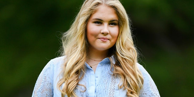 On this Friday 17. July 2020 file picture poses Dutch princess Amalia in the garden of the royal palace Huis ten Bosch in The Hague, The Netherlands.