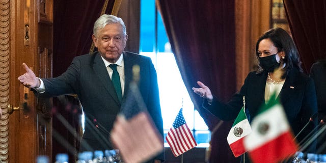 June 8, 2021: Vice President Kamala Harris and Mexican President Andres Manuel Lopez Obrador arrive for a bilateral meeting at the National Palace in Mexico City. (AP Photo/Jacquelyn Martin)
