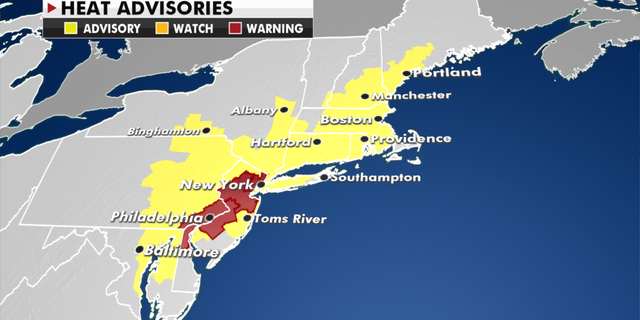 Heat warnings and advisories currently in effect in the Northeast. (Fox News)