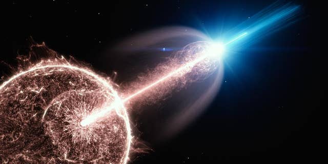 Artist's impression a star collapsing in on itself and emitting a gamma-ray burst. 