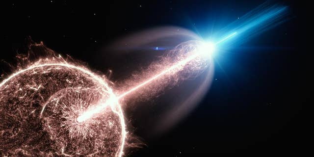 Artist's impression a star collapsing in on itself and emitting a gamma-ray burst. 