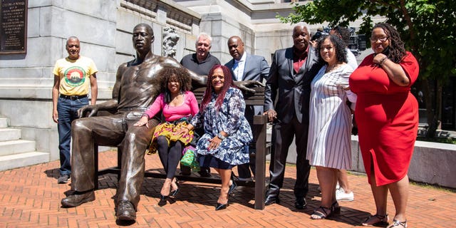 The George Floyd statue was unveiled outside Newark's city hall Wednesday by Mayor Ras J. Baraka, fillmmaker Leon Pickney, sculptor Stanley Watts, and other city officials.