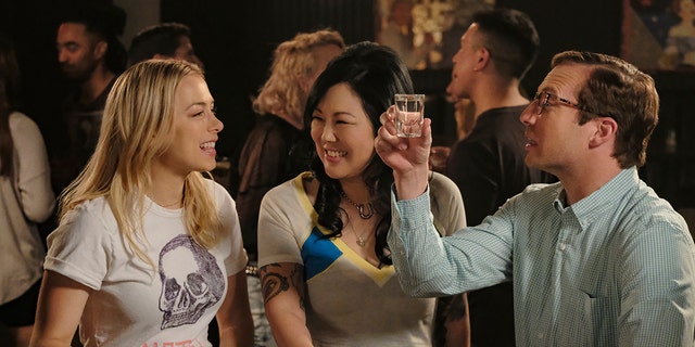 This image released by Netflix shows Iliza Shlesinger, from left, Margaret Cho and Ryan Hansen in a scene from 'Good On Paper.'