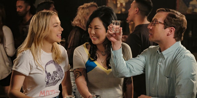 This image released by Netflix shows Iliza Shlesinger, from left, Margaret Cho and Ryan Hansen in a scene from 'Good On Paper.'