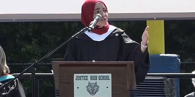 Abrar Omeish, the school board's lone Muslim member, delivered the keynote address before a graduation ceremony for Justice High School in Falls Church, Va. on June 7.