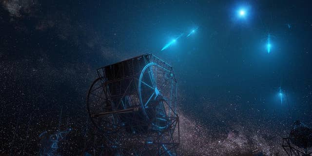 Artist's impression of X-rays from the gamma-ray burst entering Earth's atmosphere, seen from the surface.