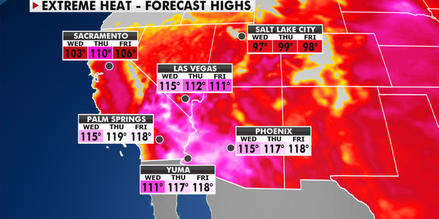 Forecast high temperatures for the western U.S. (Fox News)