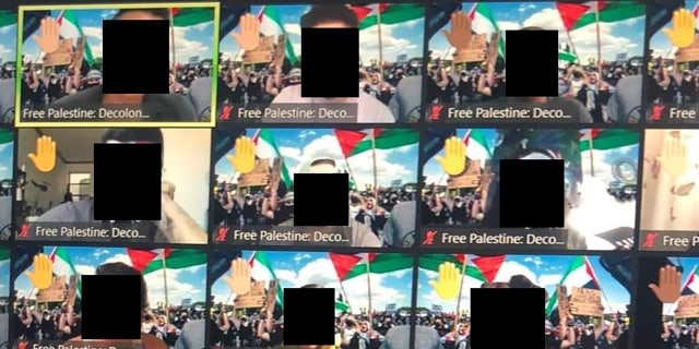 Screenshot taken from a video of the Practice Lab lecture on May 20 provided to Fox News. Students' faces have been blocked out. The users changed their names on Zoom to "Free Palestine: Decolonize"